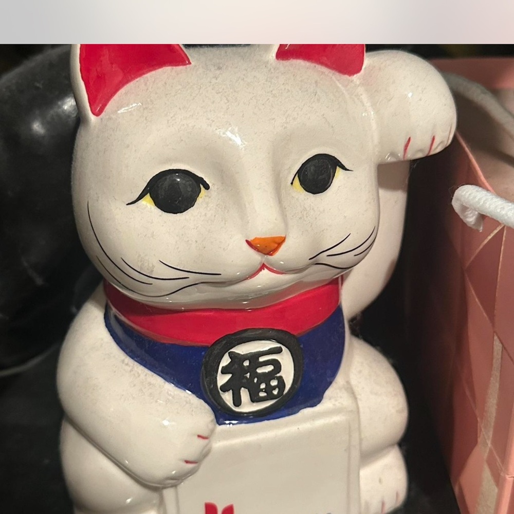 Lucky Cat Figurine with Red and Blue Accents